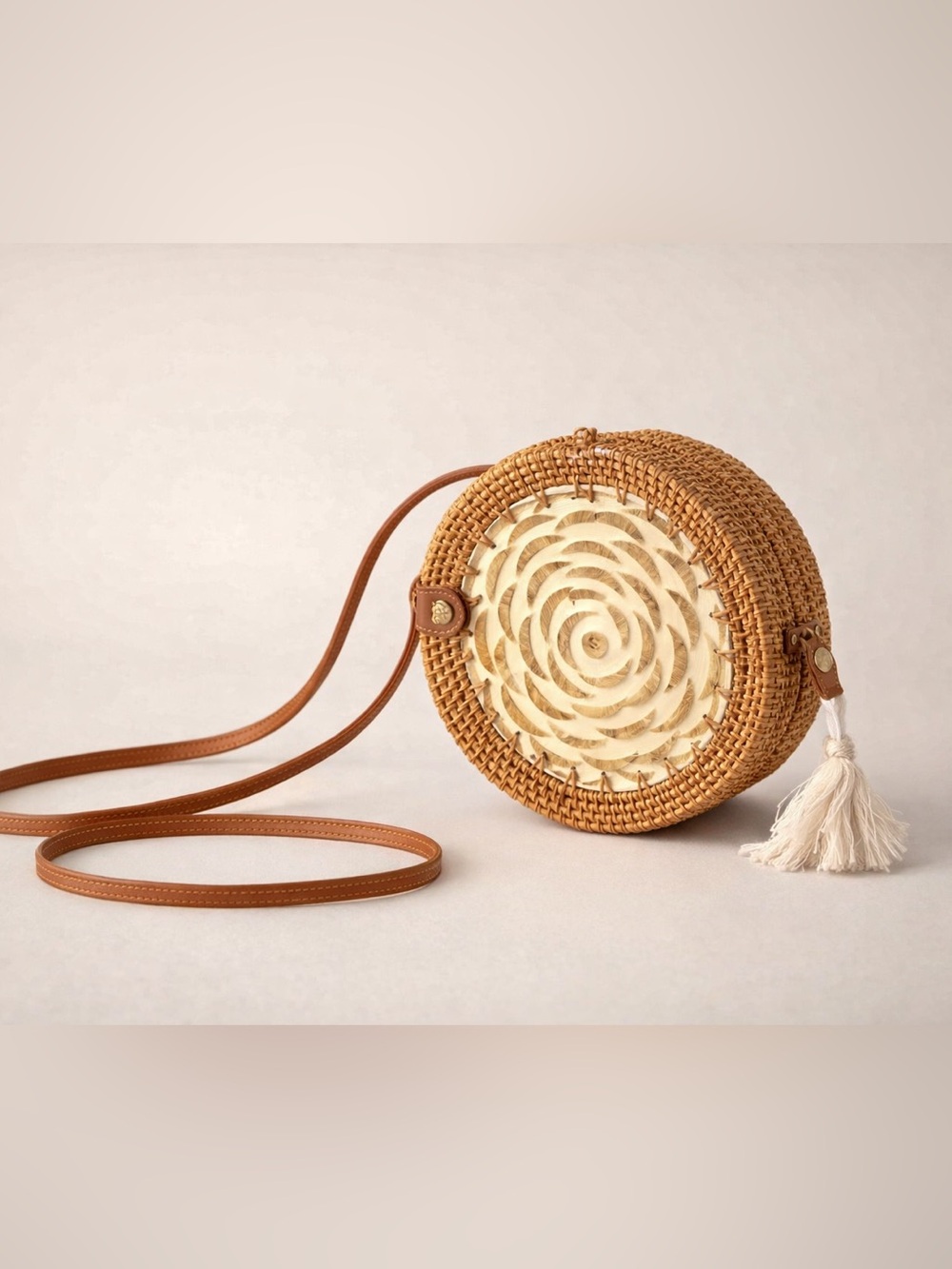 Woven Round Crossbody Bag with Tassel - Brown & Cream